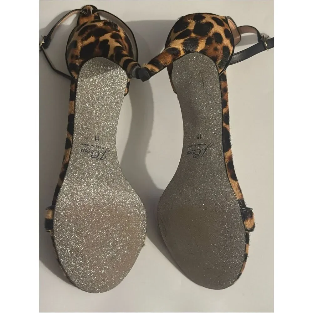 J. Crew Riley Sandals in Leopard Calf Hair With Glitter Sole Size 11 ~ excellent